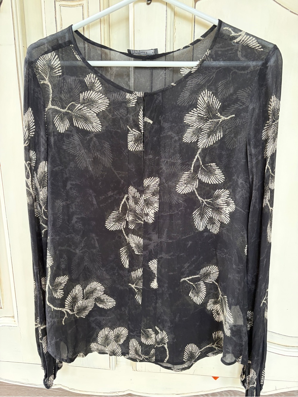 Sheer Black Floral Print Long-Sleeve Blouse